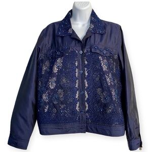 Navy Blue Lace Silk Beaded Blazer Large Coat Top Embroidered Pockets Button Down